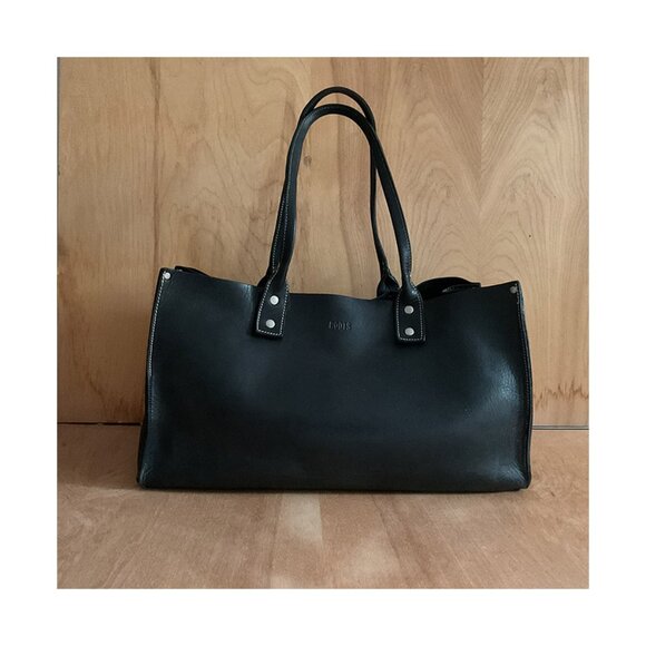 VTG Roots Black Leather Short Handle Handbag with White Stitching - Picture 2 of 13